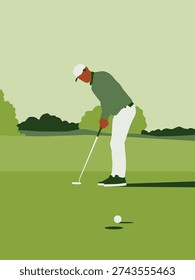 Minimalist flat vector illustration of a golfer putting on a green, featuring a clean aesthetic with a green and white color palette.