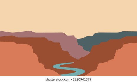 A minimalist flat vector illustration of a grand canyon landscape with a winding river flowing through the deep rocky gorge at sunset.