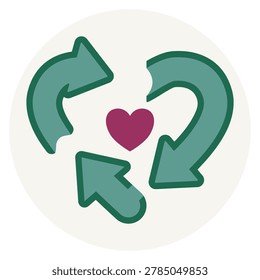 Minimalist flat vector illustration of a green recycling symbol forming a heart shape on a beige circle.