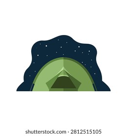 Minimalist Flat Vector Illustration of a Green Camping Tent Under a Starry Night Sky Background