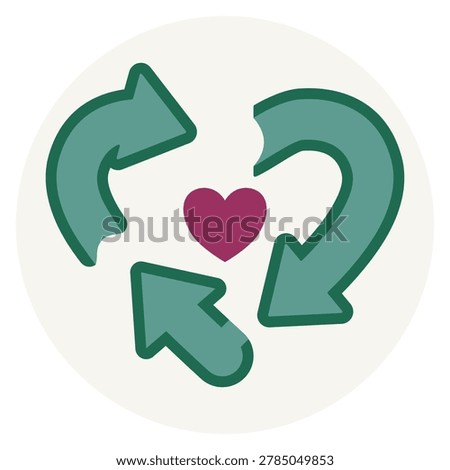 Minimalist flat vector illustration of a green recycling symbol forming a heart shape on a beige circle.