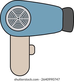 Minimalist flat vector illustration of a hair dryer. This simple and clean design features a handheld electric hair dryer in soft tones of blue, beige, and gray, with clear detailing on the air vent.