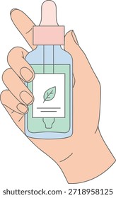 Ilustración vectorial plana minimalista de una mano que sostiene una botella de gotero de vidrio con suero natural verde y una etiqueta de ícono de hoja. Perfecto para diseños de belleza y bienestar.
