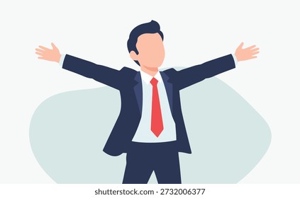 Minimalist flat vector illustration of a happy businessman in a suit with arms wide open, celebrating success, victory, or professional achievement on a light background.
