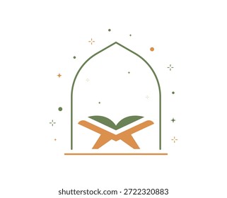 Ilustración vectorial plana minimalista del Sagrado Corán en rehal dentro de un marco de arco de mezquita, adornado con estrellas abstractas y puntos. Perfecto para contenido islámico, Ramadán, Eid o espiritual.