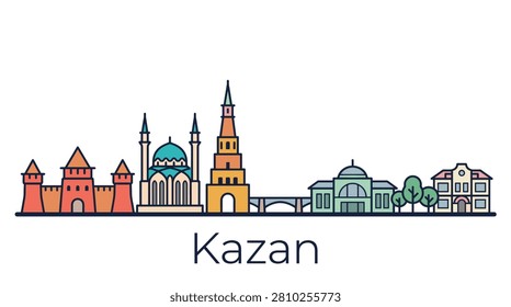A minimalist flat vector illustration of Kazan skyline landmarks featuring key historical architecture for travel, tourism, and web design.