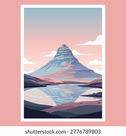 Minimalist flat vector illustration of Kirkjufell mountain reflected in a calm lake at sunset.