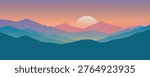 Minimalist Flat Vector Illustration of Layered Colorful Mountains at Sunset with Large Setting Sun and Smooth Gradient Sky
