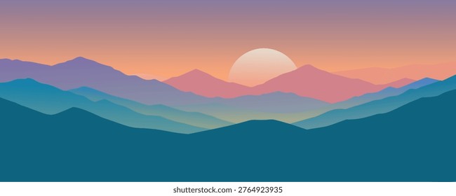 Minimalist Flat Vector Illustration of Layered Colorful Mountains at Sunset with Large Setting Sun and Smooth Gradient Sky