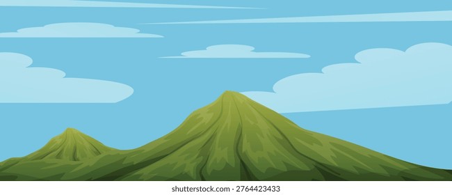 Minimalist flat vector illustration of lush green mountains under a bright blue sky with soft white clouds, serene nature landscape in simple stylized style


