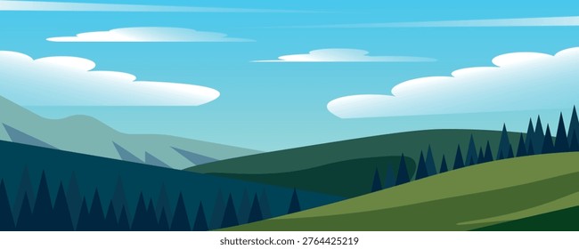 Minimalist flat vector illustration of lush green rolling hills with dark pine tree forest under bright blue sky with fluffy white clouds, serene summer nature landscape