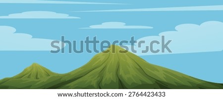 Minimalist flat vector illustration of lush green mountains under a bright blue sky with soft white clouds, serene nature landscape in simple stylized style

