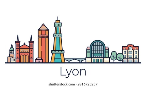 A minimalist flat vector illustration of the Lyon city skyline featuring famous architectural landmarks on a white background.