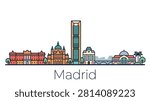 A minimalist flat vector illustration of the Madrid city skyline featuring iconic historical and modern landmarks on a white background.