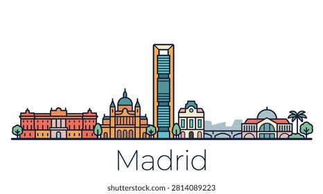 A minimalist flat vector illustration of the Madrid city skyline featuring iconic historical and modern landmarks on a white background.