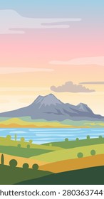 Minimalist flat vector illustration of a majestic mountain landscape over a lake with green fields at sunset sunrise.
