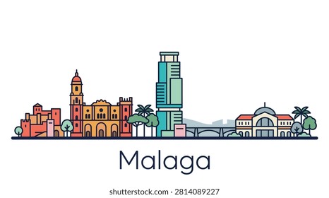 A minimalist flat vector illustration of the Malaga Spain city skyline featuring famous historical and modern landmarks for travel and tourism designs.