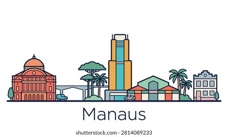 A minimalist flat vector illustration of the Manaus city skyline in Brazil, featuring key architectural landmarks for travel and tourism designs.