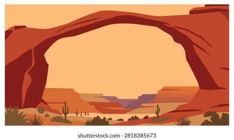 Minimalist flat vector illustration of a massive sandstone natural arch framing a desert canyon with cacti at sunset.
