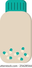 Minimalist Flat Vector Illustration of a Medicine Bottle with Capsules