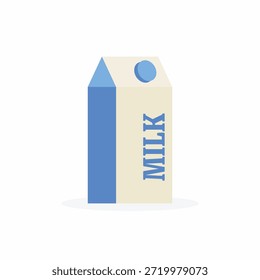Ilustración vectorial plana minimalista de una caja de cartón de leche con tapa azul aislada sobre fondo blanco