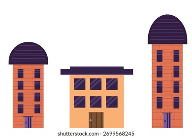 Minimalistische, flache Vektorgrafik moderner Stadtgebäude. Perfekt für den Einsatz in Architekturpräsentationen, Stadtplanungsprojekten, Immobilienanzeigen, Websites, Apps und Infografiken.