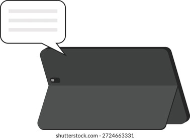 Ilustración vectorial plana minimalista de una tableta moderna con una cubierta inteligente plegable y un cuadro de diálogo de burbuja de discurso. Formas geométricas limpias, bordes redondeados y suaves y una paleta de colores gris oscuro crean un estilo tecnológico profesional.