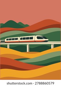 A minimalist flat vector illustration of a modern high-speed train moving on an elevated track across a landscape of colorful, rolling hills at sunset.