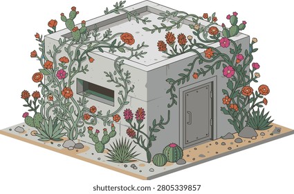 Minimalist flat vector illustration of a modern desert house overgrown with flowering cactus vines, succulents, agave, and wild desert plants. Isometric architectural design with clean lines, earthy colors, and a white background. Symbolizing resilience, environmental sustainability, peaceful coexistence, and hope, this artwork is suitable for International Day against Nuclear Tests (August 29), as well as themes of eco architecture, xeriscaping, conservation, climate awareness, and sustainable living.