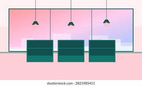 A minimalist flat vector illustration of a modern office or cafe interior with three dark green booths and hanging pendant lights against a large window.