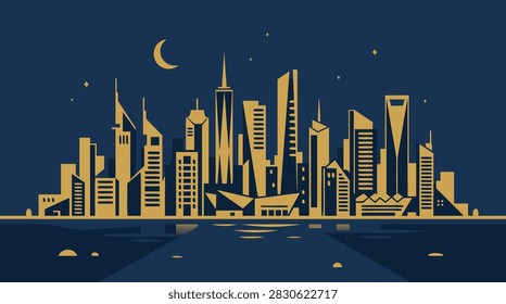 A minimalist flat vector illustration of a modern city skyline at night featuring golden skyscrapers against a dark blue background with a crescent moon.