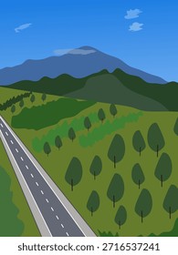 Minimalistische flache Vektorgrafik des Vulkans Mount Ciremai mit einer Autobahn und grünem Wald. Landschaft von Kuningan, West Java, Indonesien. einfaches Landschaftsdesign.