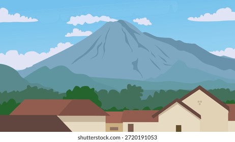 Ilustração vetorial plana minimalista do vulcão Monte Merapi em Yogyakarta, na Indonésia, apresentando um design de paisagem de montanha simples com linhas limpas.