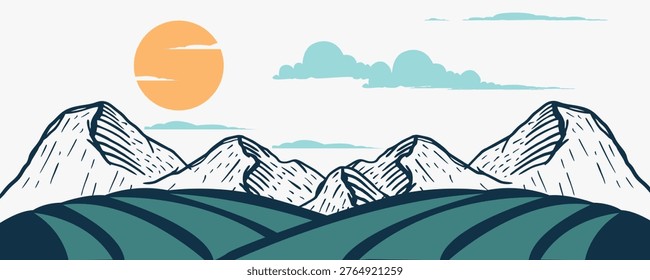 Minimalist Flat Vector Illustration of Mountain Landscape with Rolling Green Hills, Snowy Peaks, Orange Sun and Blue Clouds, Hand-Drawn Line Art Cartoon Style Nature Scene