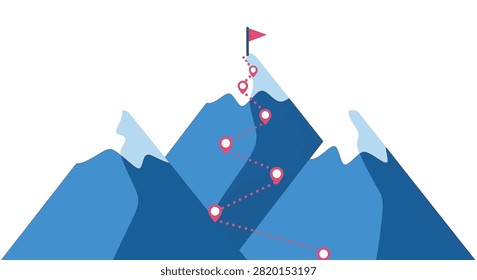 Minimalist flat vector illustration of a mountain range featuring a winding trail marked with red location pins and a red flag at the highest snowy peak on a white background.