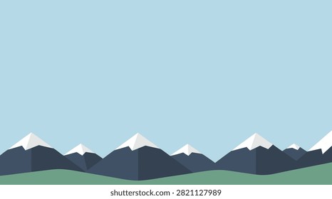A minimalist flat vector illustration of a mountain range with snow-capped peaks against a clear light blue sky.
