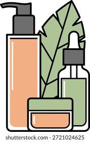 Ilustración vectorial plana minimalista de botellas de productos naturales para el cuidado de la piel con un elemento botánico de la hoja, que representa cosméticos orgánicos, belleza limpia y cuidado del bienestar del spa. Ideal para la marca cosmética, el diseño de empaques para el cuidado de la piel, imágenes de marketing de belleza, promoción de productos ecológicos y gráficos de blog de bienestar.
