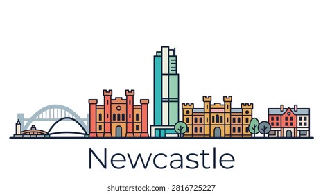 A minimalist flat vector illustration of the Newcastle upon Tyne city skyline featuring famous landmarks on a white background.