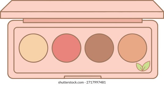 Una Ilustración vectorial plana minimalista de una paleta de maquillaje abierta con cuatro tonos naturales y un ícono de hoja, perfecta para la marca de belleza orgánica y el diseño de autocuidado.
