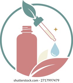 Minimalistische, flache Vektorgrafik einer Bio-Beauty-Serumflasche mit einem blattförmigen Tropfer und botanischen Elementen für natürliches Hautpflege-Branding und Wellness-Design.
