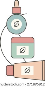 Una Ilustración vectorial plana minimalista de productos orgánicos para el cuidado de la piel que incluye gotero de suero, tarro de crema y tubo de loción con íconos de hojas para la marca de belleza natural y spa.
