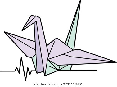 Una Ilustración vectorial plana minimalista de una grúa de origami integrada con una línea de latidos del corazón. Perfecto para marcas de atención médica, conciencia de salud mental, estudios de yoga, App en meditación y proyectos temáticos de bienestar. Diseño limpio, geométrico y elegante adecuado para logotipos, iconos y activos digitales.
