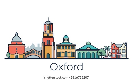 A minimalist flat vector illustration of the Oxford city skyline featuring famous historic landmarks on a white background.