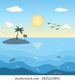 Minimalist flat vector illustration of a peaceful blue ocean at sunrise, featuring a tropical island with palm trees, warm sun,clouds, fliying birds, and calm sea waves.