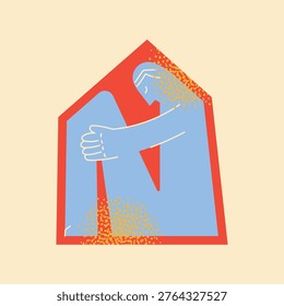 Minimalist Flat Vector Illustration of a Person Inside a House Shape Symbolizing Mental Health, Anxiety, Agoraphobia, Self-Care, and Psychological Comfort or Isolation in a Stylized Design