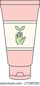 Ilustração de vetor plano minimalista de um tubo cosmético rosa com uma mão verde e etiqueta de folha. Perfeito para marca de cuidados naturais, ícones de beleza orgânica e embalagem.
