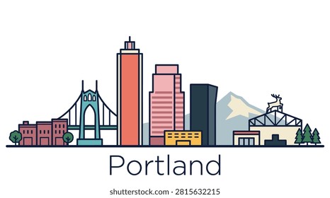 A minimalist flat vector illustration of the Portland skyline featuring the St. Johns Bridge, skyscrapers, and Mount Hood.