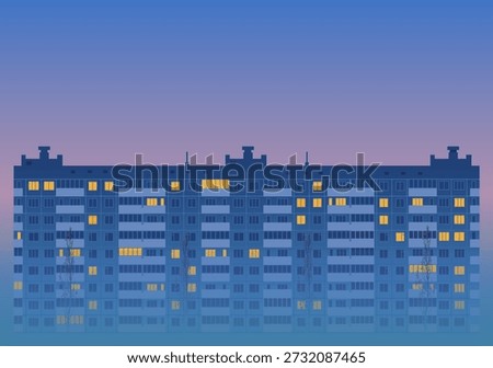 Minimalist flat vector illustration of a post-Soviet apartment building at dusk, surrounded by fog. Urban residential architecture with glowing windows, quiet city mood for background and wall art use.