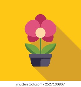Minimalist flat vector illustration of a potted orchid plant casting a shadow on a yellow background