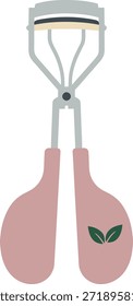 Uma ilustração vetor plana minimalista de um curler de cílios profissional com alças cor-de-rosa e um logotipo de folha, perfeito para marca de beleza, ícones cosméticos e salões.
